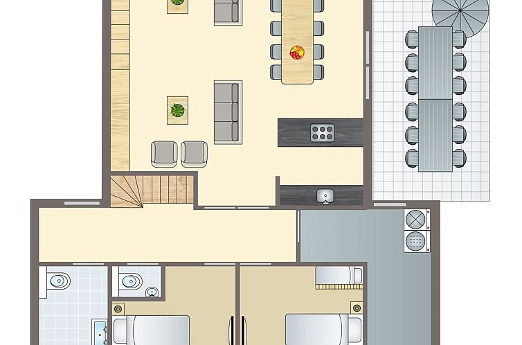 Sluftervallei 12-person bungalow in De Cocksdorp Texel with thatched roof and green surroundings.