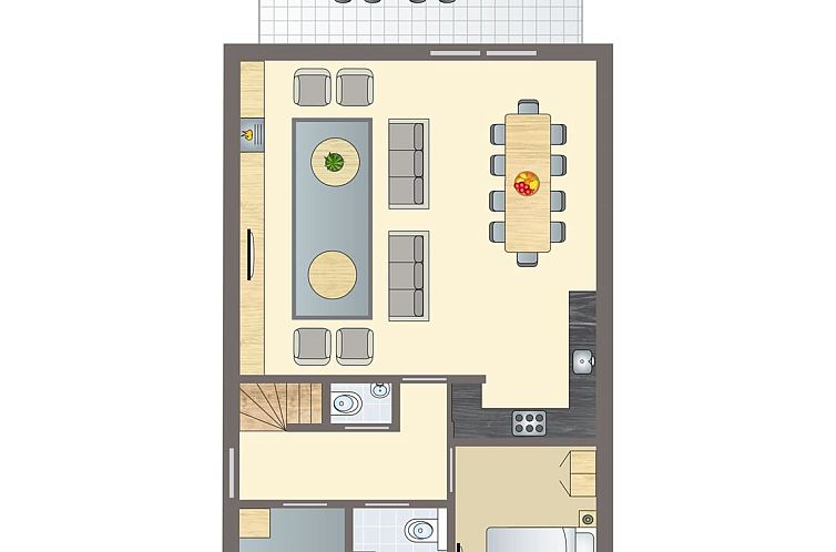 Floor plan of Sluftervallei 10-person bungalow in De Cocksdorp, Texel, with spacious living room and dining area for a comfortable stay.