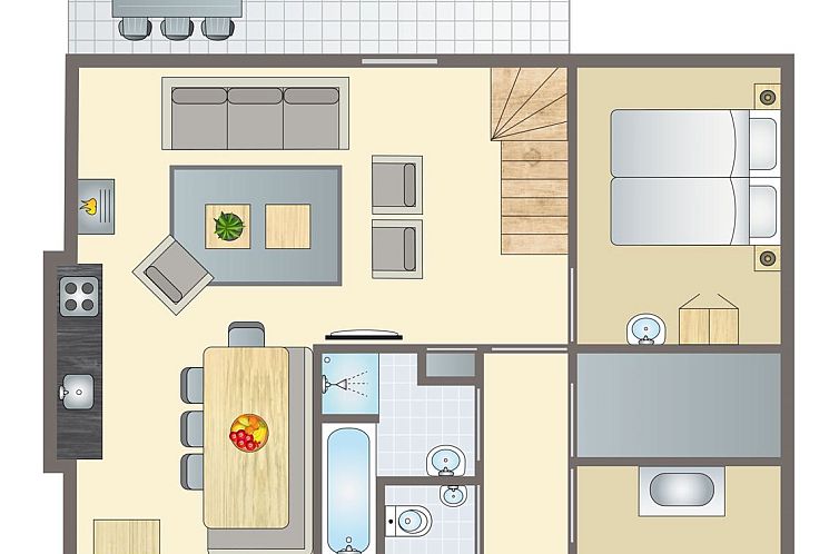 Floor plan of Sluftervallei 6-person children's bungalow 6CK in De Cocksdorp, Texel. Spacious layout with modern kitchen and comfortable living room.