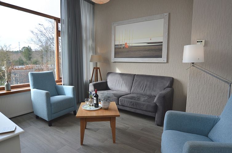 Gezellige woonkamer van vakantiehuis Lelie in De Dennen, Texel met comfortabele zithoek en grote ramen.