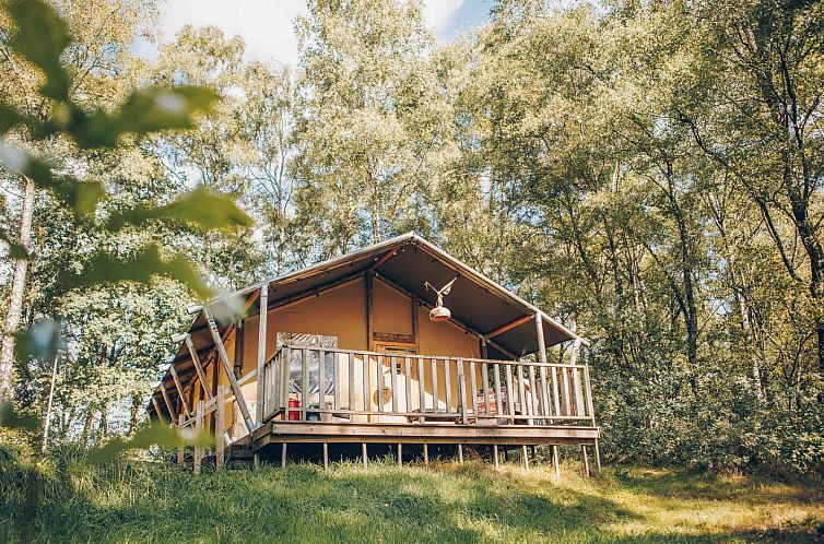 Glamping Lodge Safari-Zelt in Wilsum, Deutschland, mit Terrasse und Waldgebiet.