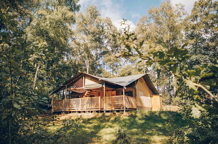 Erleben Sie Luxus-Camping im Safari-Zelt im niedersaechsischen Wilsum mit herrlichem Blick auf die waldreiche Umgebung.