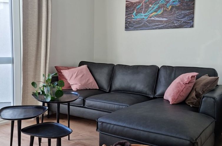 Gezellige zithoek in MAISON FLORIMOND vakantiehuis, Nieuwpoort, West-Vlaanderen, met comfortabele bank en stijlvolle decoratie.