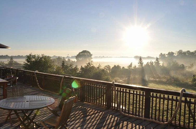 Relax on the veranda of Cottage in Grossefehn, a vacation home in Grossefehn, Lower Saxony, with stunning views of nature.