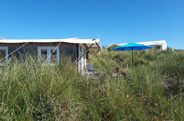 De Hagedis glamping lodge in Oost-Vlieland met terras en blauwe parasol tussen de duinen, Vlieland, Waddeneilanden.