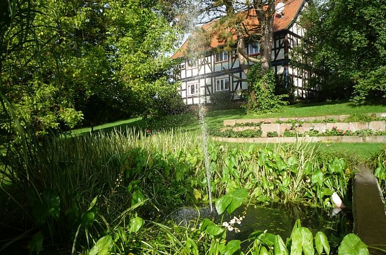 Gemuetliches Ferienhaus in Stadtallendorf, Deutschland, mit schoenem Blick auf einen gruenen Garten und einen Teich.