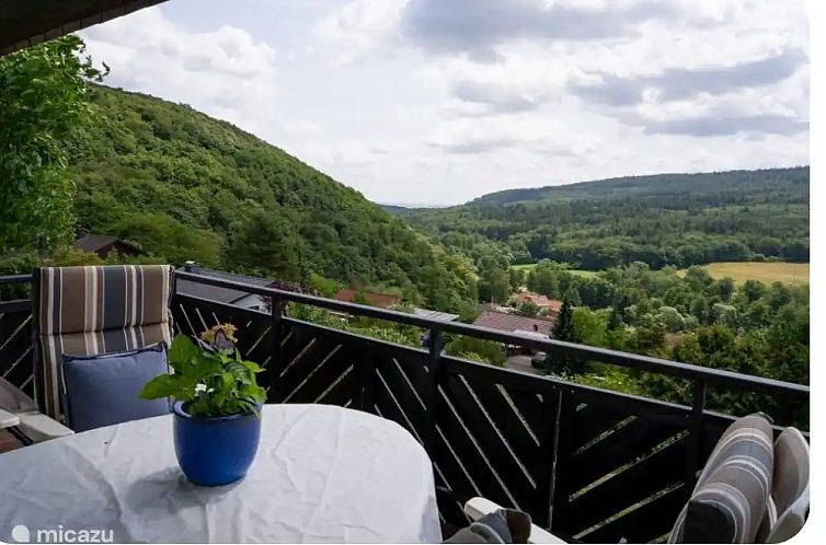 Relax on the porch of Apartment zum Marchenwald, with panoramic views of the hills of Bad Wildungen, Hesse.