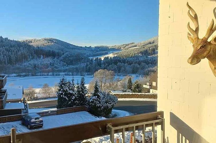 Vakantiehuis NW025 in Niedersfeld, Sauerland biedt een prachtig uitzicht op de besneeuwde heuvels en het rustige meerlandschap.