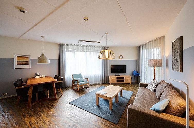 Stijlvolle woonkamer van Wellness Appartement | 4 Pers in Midsland, Terschelling met comfortabel interieur en veel natuurlijk licht.