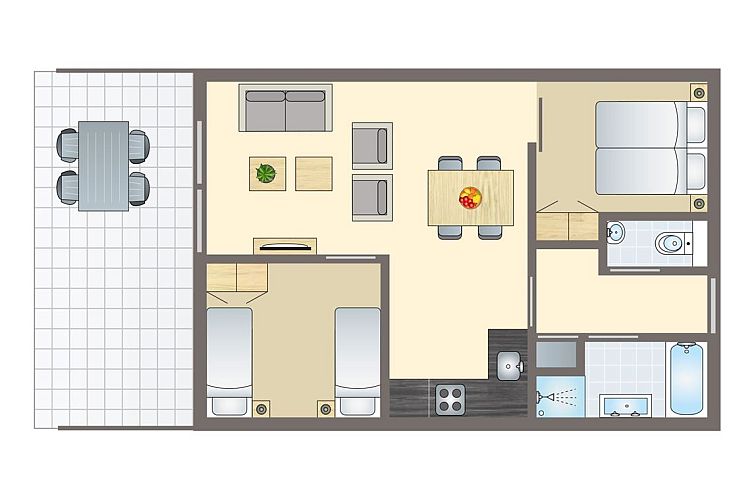 Gezellige woonkamer in West Terschelling 4-persoons appartement 4CA, met veel licht en een prachtig uitzicht op de omgeving.