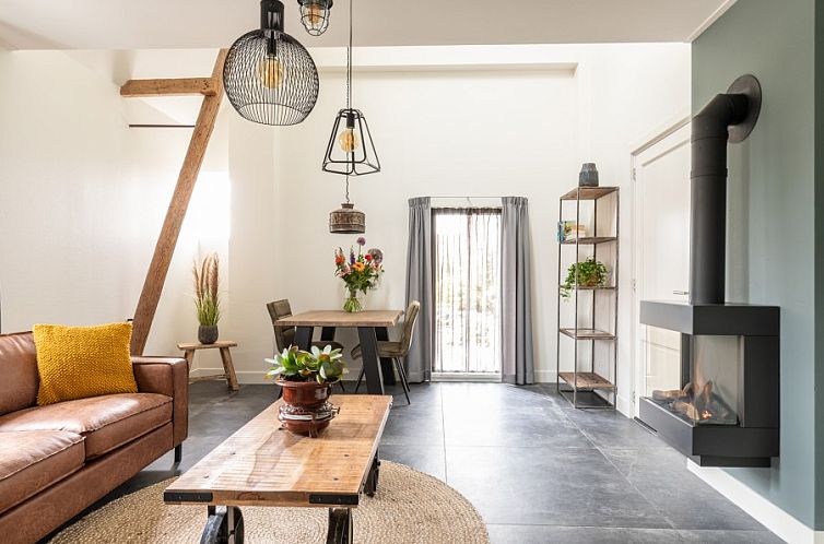 Stylish living room in Dorsvloer apartment in Hollum, Ameland. Cozy room with modern furnishings and fireplace.