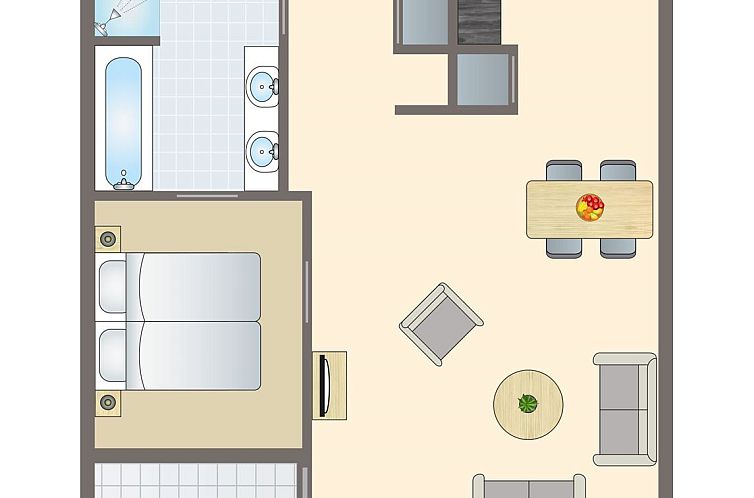 Plattegrond van Ameland State 2-persoons appartement in Nes, Ameland, Waddeneilanden, met moderne indeling.
