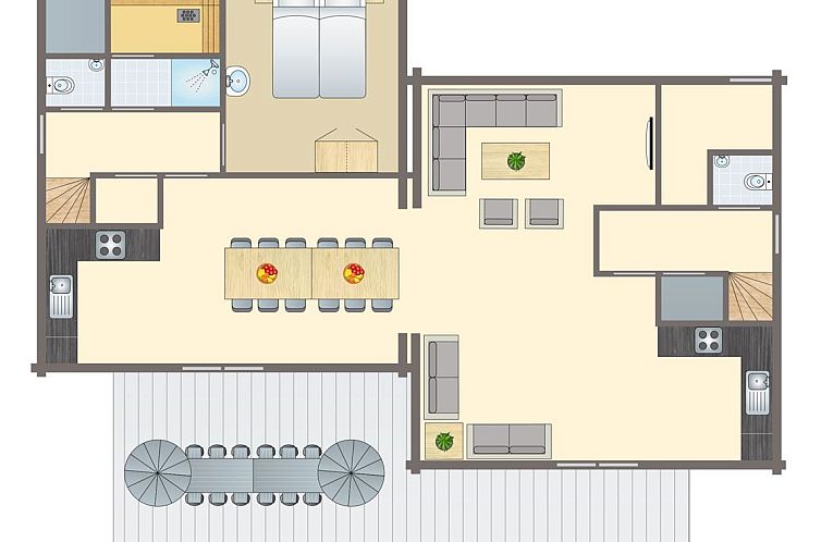 Plattegrond van Mooi Zutendaal 12-persoons bungalow 12C1 in Limburg, Belgie, met ruime woon- en eetgedeeltes en moderne voorzieningen.