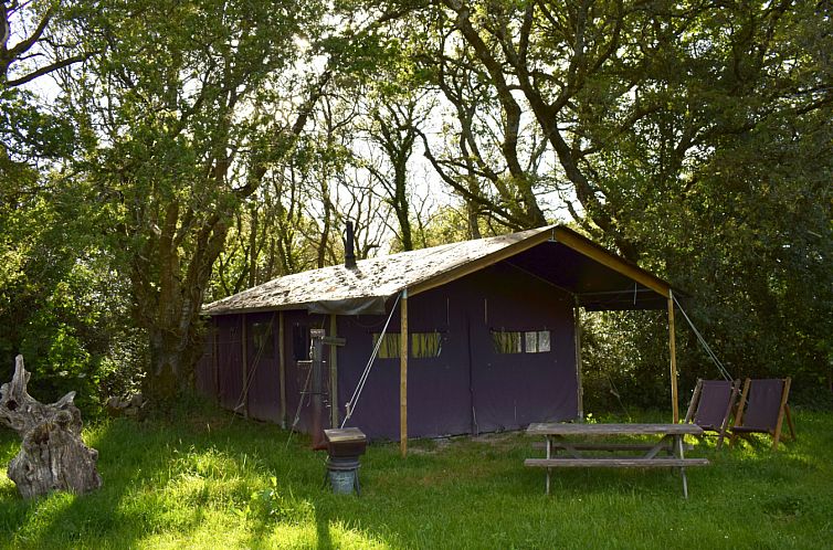 Tenthuisje met warme privédouche naast de tent