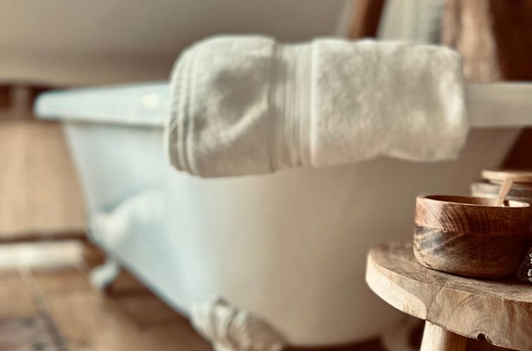 Luxury bathroom in Holiday Home in Sint Martens Voeren, Limburg, Belgium, with stylish bathtub and wooden details.