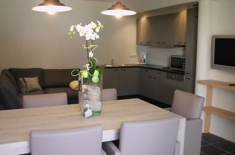 Gemuetlicher Innenbereich des Ferienhauses in Herderen, Limburg, Belgien mit moderner Kueche und gemuetlicher Sitzecke.