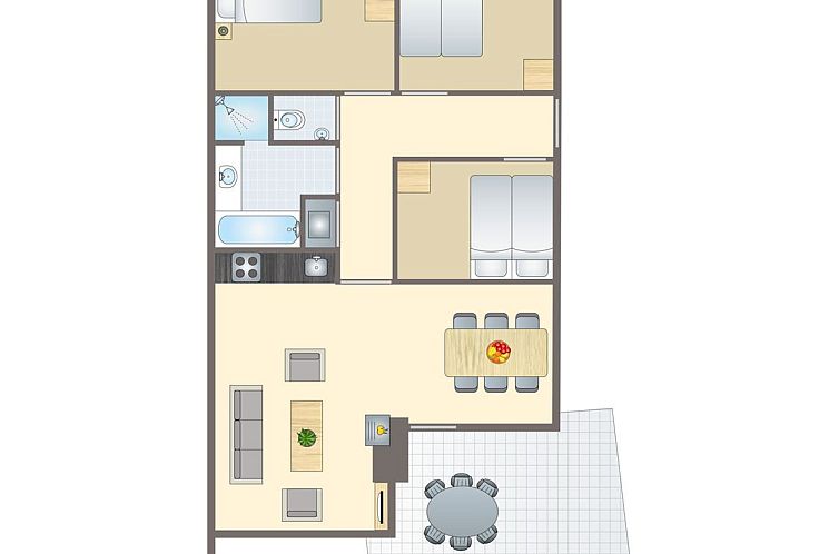 Geniessen Sie die Ruhe im Village l'Eau d'Heure, einem 6-Personen-Bungalow in Froidchapelle, Hennegau, mit grosser Terrasse und gruener Umgebung.