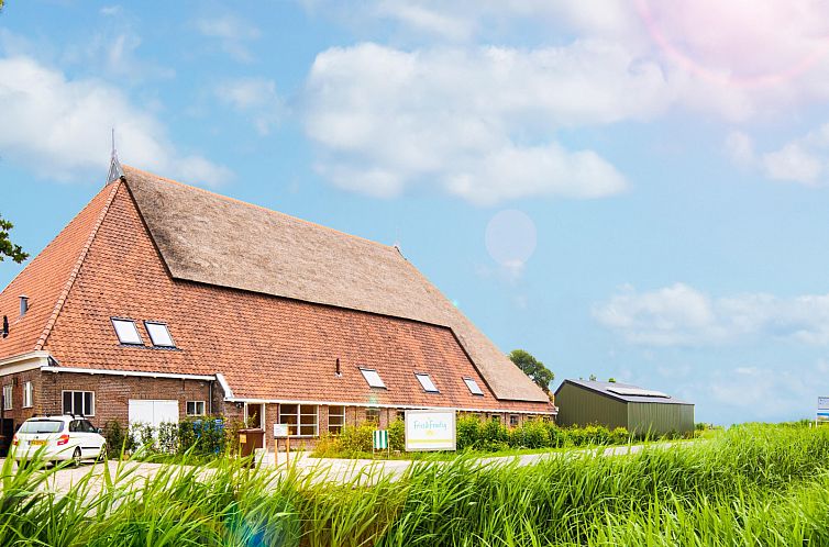 FR555 vakantiehuis in Nijhuizum, gelegen aan de Friese meren met rieten dak en groene omgeving.