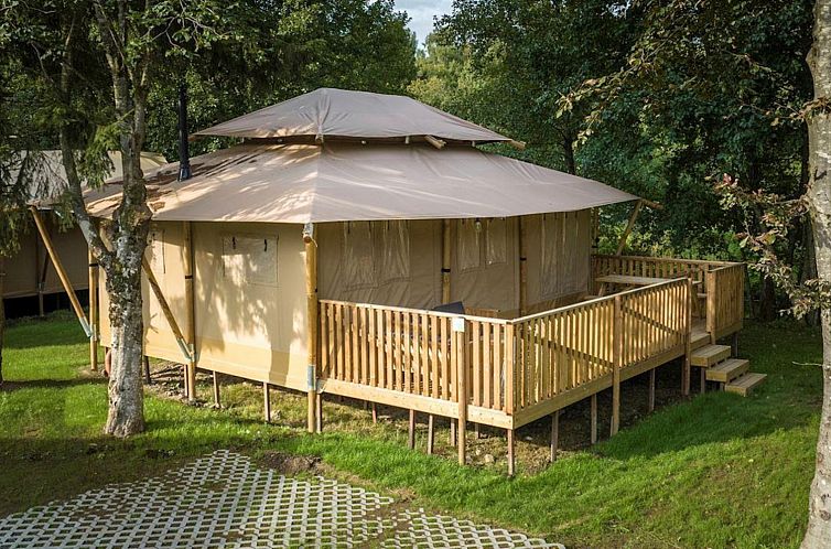 Stardust 40 Family Lodge in Dochamps, Ardennen biedt een luxe glamping ervaring in een safaritent met ruime veranda en omgeven door natuur.