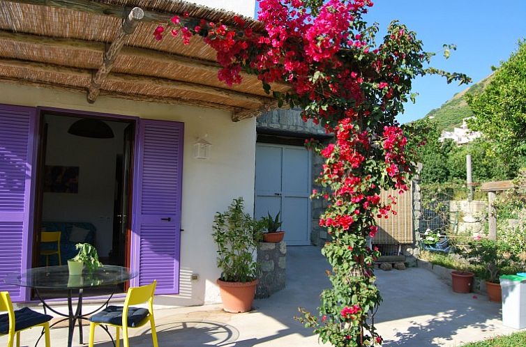 Ontspan op het terras van OmaKoti in Ischia Forio, Napels, met levendige bloemen en een serene sfeer in dit charmante vakantiehuis.