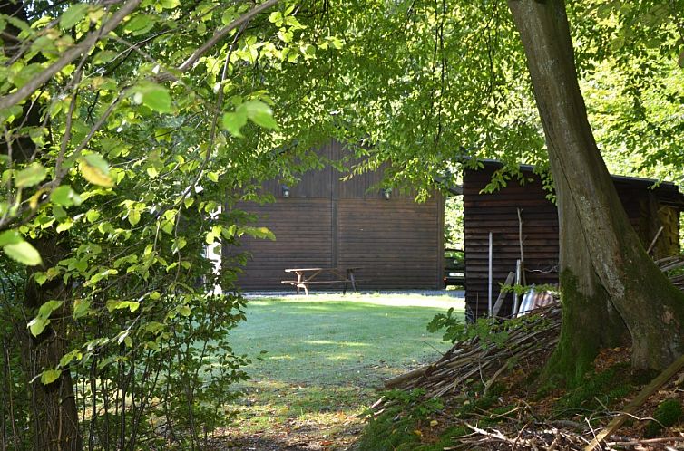 Veranda des Chalets Bois du Ry, umgeben von Gruen in La Roche-en-Ardenne, Ardennen, Belgien.