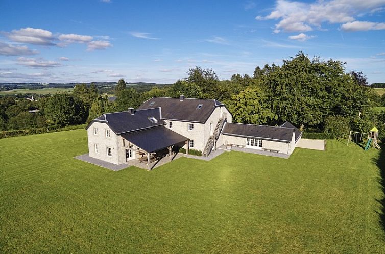 Aerial view of vacation home LA CRISTALLINE in Hatrival, Ardennes, Belgium with vast green landscape.