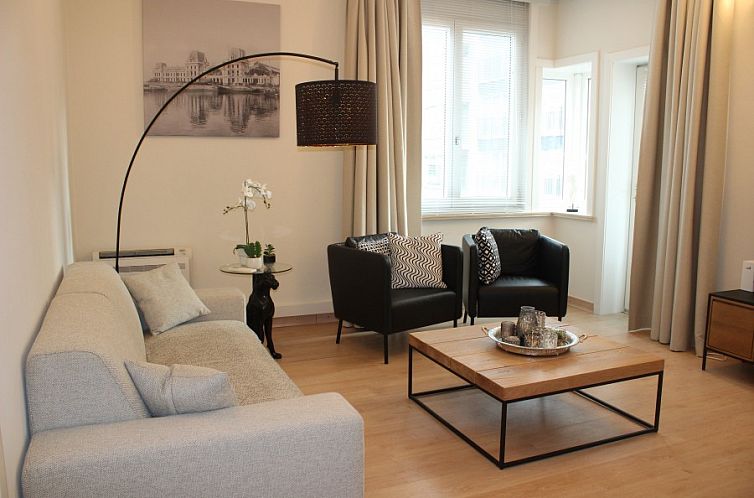 Stylish living room in Suite Euphrosina, apartment in Ostend on the Belgian coast.