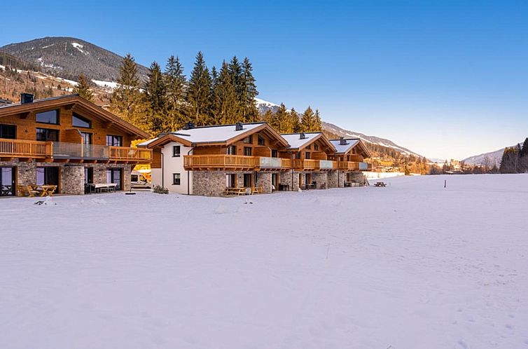 Gemuetliche Chalets von Wieserwald in der Winterlandschaft von Wald, Salzburg.