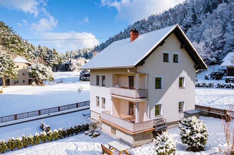 Innenbereich des Ferienhauses Jukbichl in Koetschach-Mauthen, Kaernten, mit grosszuegiger Sitzecke und schoenem Bergblick.
