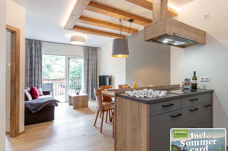 Gemuetlicher Innenbereich des Apart33 Top 1-29 in Haus im Ennstal, Oesterreich, mit offener Kueche und gemuetlicher Sitzecke.