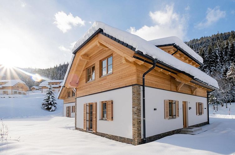 Sfeervolle winterse chalet Haus Lilyan in Donnersbachwald, Steiermark, met prachtig uitzicht op de besneeuwde omgeving.