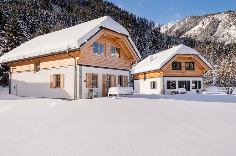 Verschneites Chalet Riesner Alm 35 in Donnersbachwald, Steiermark, Oesterreich, umgeben von einer ruhigen Berglandschaft.