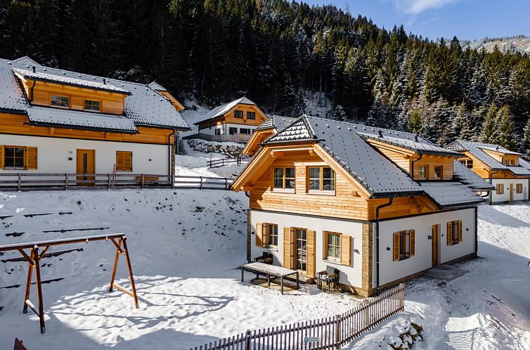 Winter charm of Haus Enzian in Donnersbachwald, Styria, overlooking snow-capped mountains.