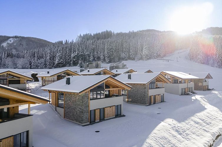 Geniessen Sie die herrliche Aussicht auf die verschneite Umgebung in der Grebenzen Lodge 53, einem Ferienhaus in Sankt Lambrecht in der Steiermark.