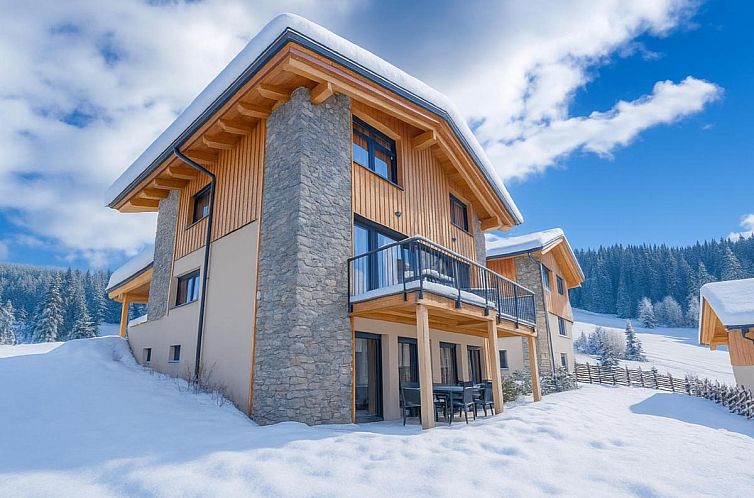 Ferienhaus Grebenzen Lodge Starnberg 60B in der Steiermark, Oesterreich, umgeben von winterlicher Natur und Terrasse.