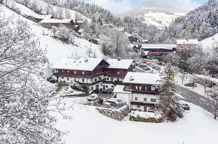 Sneeuw bedekt het Zellner Top 7 vakantiehuis in Alpbach, Tirol, met een prachtig uitzicht op de winterse natuur.