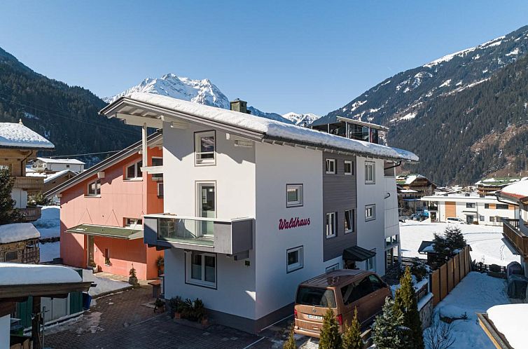 Moderne Waldhaus I vakantiewoning in Mayrhofen, Tirol, omgeven door besneeuwde bergen.