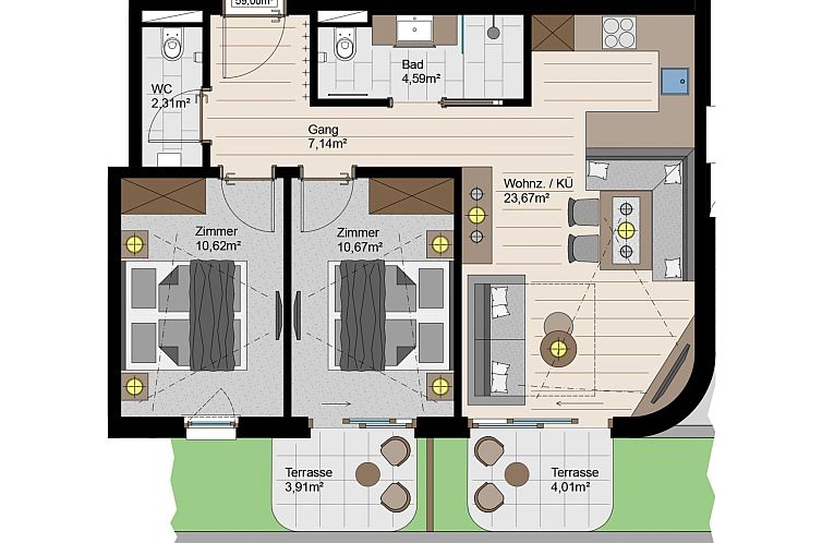 Appartement Superior mit 2 Schlafzimmer 6P