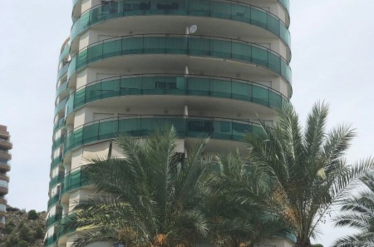 Moderne Wohnung Vila Park in Cala de Finestrat, Costa Blanca, umgeben von ueppigen Palmen.