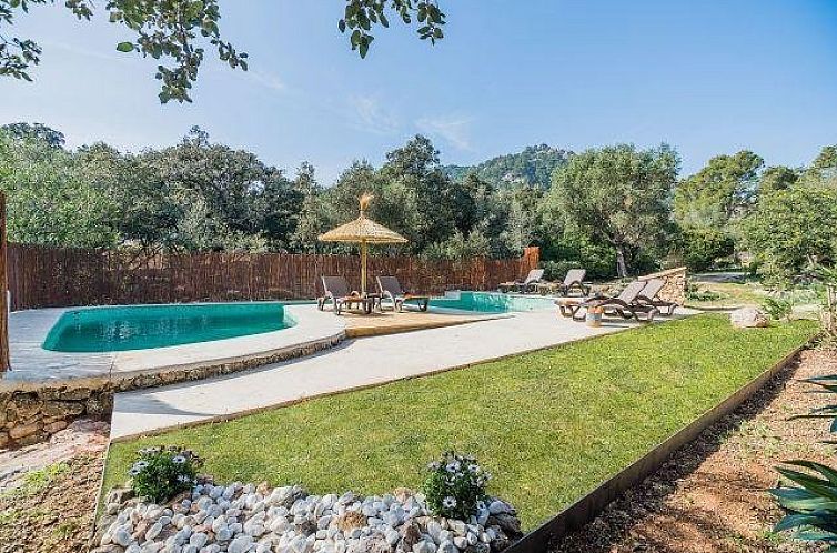 Entspannen Sie sich am Pool der Villa Can Romani, einem Ferienhaus im gruenen Pollensa, Mallorca.