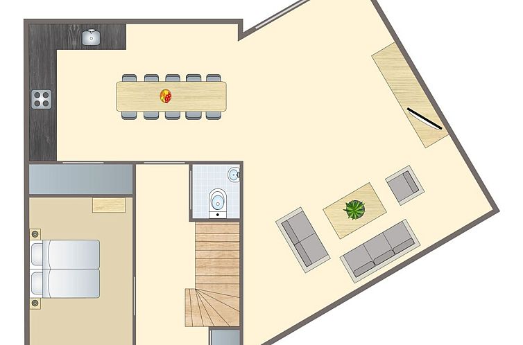Plattegrond van Esonstad 10-persoons woning 10F1 in Anjum, met ruime woonkamer en keuken, ideaal voor een vakantie aan het Lauwersmeer.