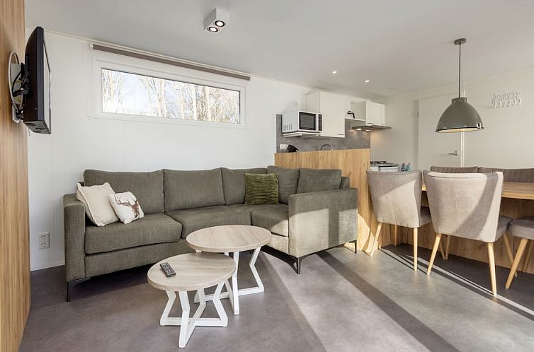 Comfort 6 chalet in Gasselternijveen, Midden Drenthe biedt een serene buitenruimte met terras omringd door natuur.