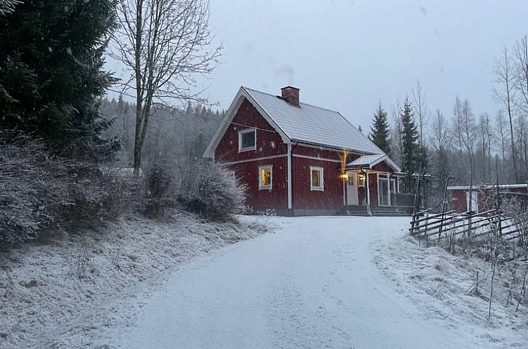 Gemuetliches Ferienhaus in Torsby, Svealand, Schweden, in einer Winterlandschaft mit verschneiten Baeumen.