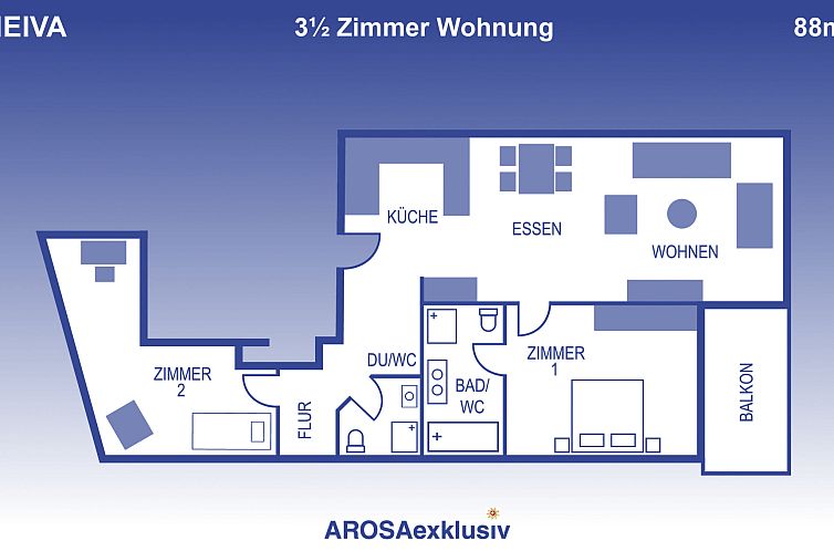 Appartement Neiva 3-Zimmer Ferienwohnung mit Südbalkon, 88 