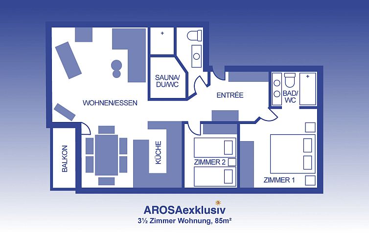 Appartement 3.5 Zimmer Wohnung mit Südbalkon, 4 Betten