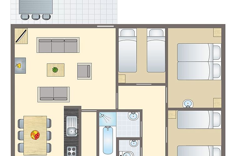 Aelderholt 6-persoons bungalow 6B in Aalden, terras met tuinmeubilair omringd door groen.