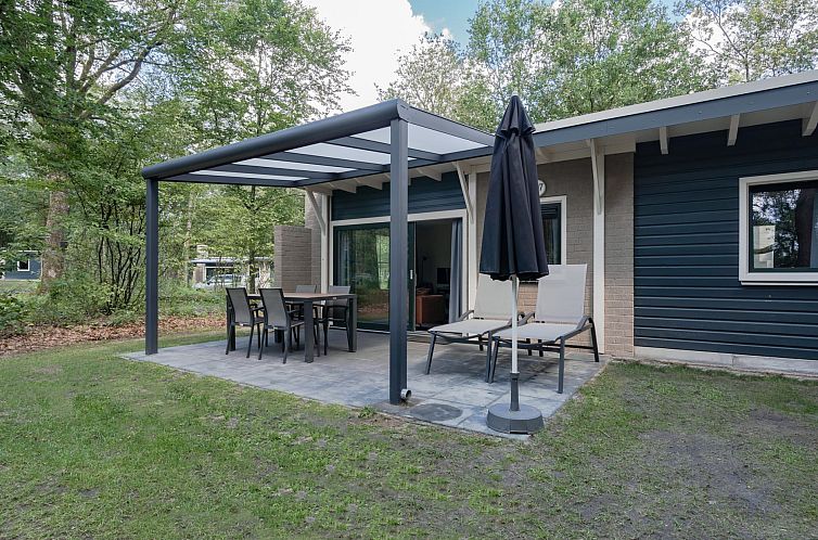 Veranda of Bungalow Jupiter in Dwingeloo, Southwest Drenthe, perfect vacation home with terrace in wooded area.