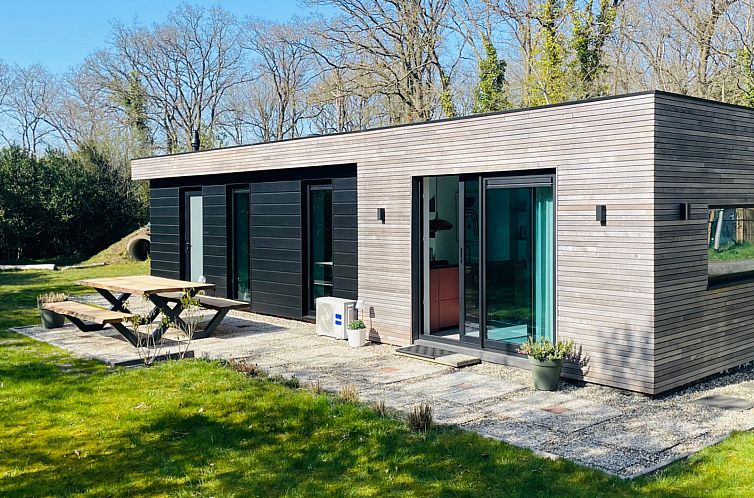 Vacation home DG2025 in Zorgvlied, Southwest Drenthe, with modern wooden facade and terrace in green surroundings.