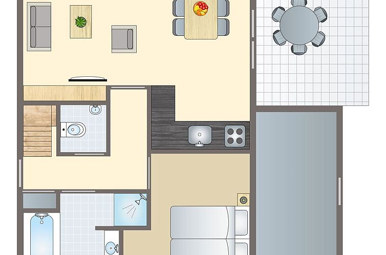 Vooraanzicht van Hunerwold State 6-persoons bungalow 6C in Wateren, Zuidwest Drenthe, omgeven door groen.