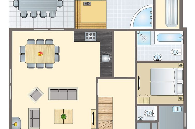 First floor plan Waterparc Veluwemeer 10-person villa in Biddinghuizen, Flevoland. Spacious living room and modern kitchen.